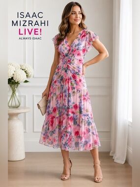 Isaac Mizrahi Live Floral Midi Dress SP Pink Twist Front Flutter Sleeve Stretch